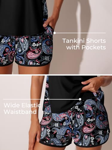 Image of Summer Mae Blouson Tankini Swimsuits for Women 2026 Tummy Control Two Piece Bathing Suits with Sporty Pockets Swim Shorts