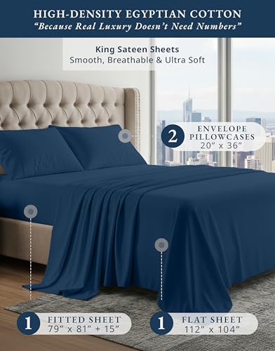 Image of LANE LINEN 100% Cotton King Size Sheets 100% Egyptian Cotton Sateen - Navy | King Sheet Set Cooling - 4-Piece Set, For A Luxurious Night's Sleep, For A Silky Hotel-Style Bed, Luxe Sheen, Plush