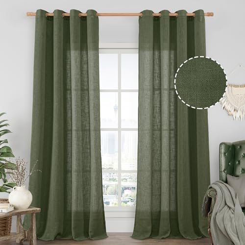 Image of LAMIT Long Linen Curtains 2 Panels Set for Living Room, 108 inches Long Light Filtering Bronze Grommet Window Textured Neutral Sheer Drapes for Bedroom French Door, 52 x 108 Inch, Olive Green