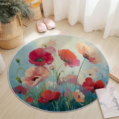 Genérico Alfombras Redondas Antideslizante 90 cm, Franela Suave Pelo Corto Alfombra Redonda Abstracto Impresionista Flores Imprimir para Dormitorio Sala de Estar Decoración del Hogar, Azul Claro