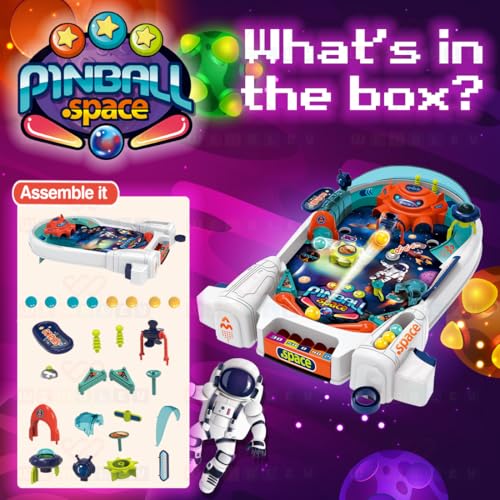 Image of Wembley Pinball Game for Kids 3 4 5 6 7 Years Old for 2-4 Players Mini Pin Ball Arcade Machine Toy Tabletop Indoor Game Easy to Assemble Birthday Gift for Boys Girls - Space Themed