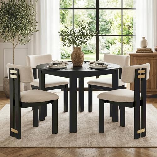 Image of HNY Modern Farmhouse Linen Dining Chairs Set of 4, Beige Fabric Upholstered Dining Room Kitchen Chairs with Black Wood Frame & Curved-Back, Armless Accent Wood Chair for Dining Living Room