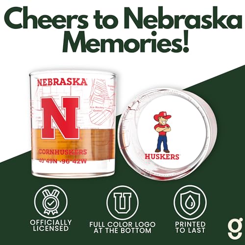 Image of Greenline Goods University of Nebraska Cornhuskers Whiskey Glasses Set of 2, 10 oz Rocks Glasses with Full-Color Logo & Campus Map - Officially Licensed Bourbon Glass Gift for Alumni & Fans