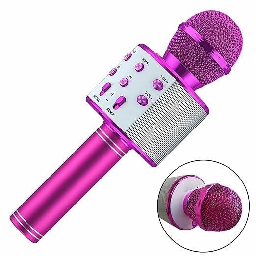 Image of VRJTEC Wireless Karaoke Microphone with Speaker | 2-in-1 Bluetooth Mic, Audio Recording, Continuous Play, USB Charging, Card Slot & AUX Port (Pink & Silver)