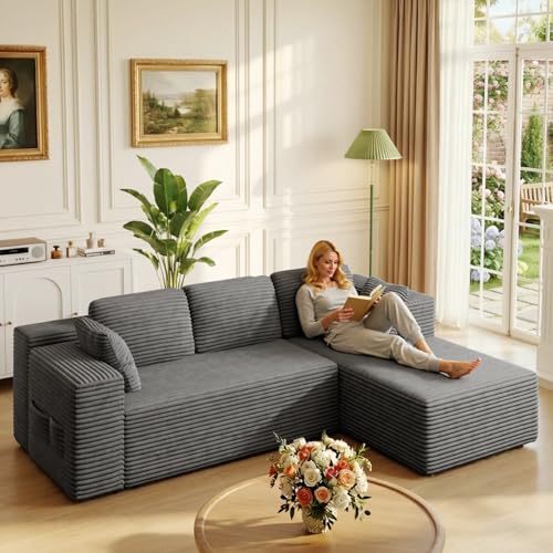 L Shaped Cloud Sectional Couch for Living Room, 105" Modern Corduroy Modular Frameless Floor Sofa with Chaise, Memory Foam Deep Seat & Non-Slip Base, No Assembly Required (Grey)