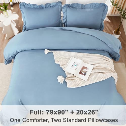 Image of Litanika Grayish Blue Full Size Comforter Sets, 3 Pieces Ruffle Farmhouse Aesthetic Bedding Comforter Sets, All Season Soft Lightweight Fluffy Microfiber Bed Set(79x90In Comforter, 2 Pillowcases)