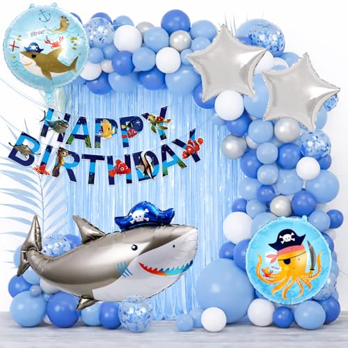 Image of Rozi Decoration Shark Theme Birthday Decorations Foil Curtain Backdrop Combo Kit Set of 84 Pcs | Fish Theme Foil Balloons | Birthday Decoration Kit for Shark Bday Decor