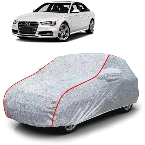 Image of Sulfar 100% Waterproof Car Body Cover Compatible with Mirror for Audi S4 (Triple Stitched, Full Bottom Elastic, Magic Silver with Red Piping)