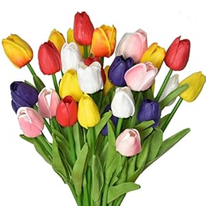 24pcs Multicolor Artificial Tulips Flowers Fake Faux PU Tulip Bouquet Real Touch Flower Arrangement for Home Room Office Party Wedding Decoration Excellent Gift Idea for Mothers Day