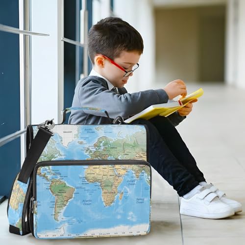 Image of 3 Ring Zipper Binder with Shoulder Strap World Map Blaue 1.5 inch Binders Keeper Large Capacity Multi Pockets for School Office Supplies
