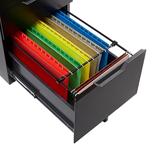 Image of Amazon Basics 3-Drawer Mobile File Cabinet with Lock, Rolling Filing Cabinet for Hanging Files, Black, 20.71 inch D x 15.51 inch W x 24.29 inch H