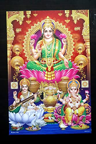 Image of Anagha Mata Laxmi With Ganesh and Sarswati ji Medium Size Poster for Wealth and Prosperity | Prayer Room, and Diwali Puja Room decor| (W12X H28 IN)