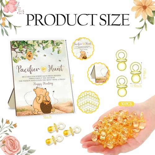 Image of Winnie Pacifier Hunt Sign for Baby Shower Game, 50Pcs Yellow Mini Pacifiers Decor for Baby Shower, the Pooh Baby Shower Party Games, Happy Hunt Party Games Set
