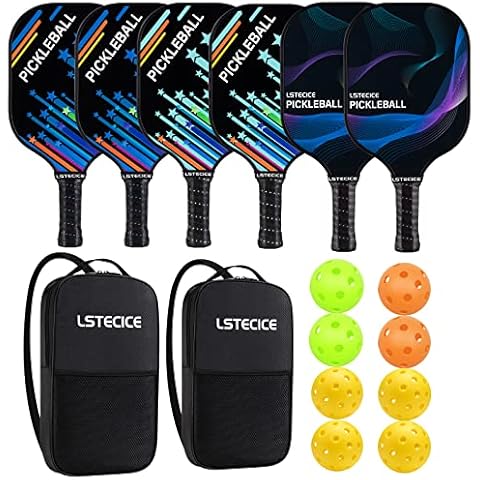 LSTECICE Pickleball Paddles Set，6 Pickleball Rackets, 8 Pickleball Balls and 2 Pickleball Bag, 4 Fiberglass and 2 Graphite Surface, Polypropylene Honeycomb Core, Lightweight Pickleball Paddle Cover