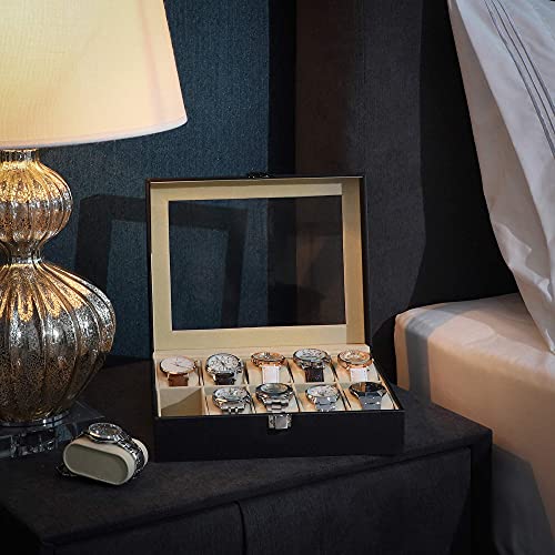 Image of SONGMICS 10-Slot Watch Box, Watch Holder with Glass Lid, Watch Case with Removable Watch Pillow, Velvet Lining, Metal Clasp, Watch Display, Synthetic Leather, Black UJWB010BE