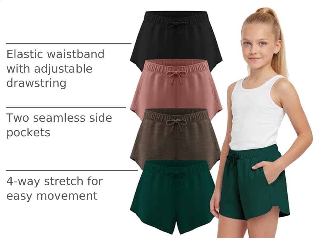PURE CHAMP Girls Shorts 4 Pack Girls Athletic Shorts Ultra-Soft Youth Quick Dry Dolphin with Drawstring Size Toddler -16