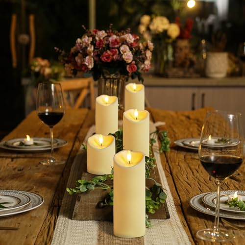 Image of Homemory Outdoor Waterproof Flameless Candles, LED Candles, Battery Operated Candles with Remote and Timers, Electric Fake Plastic Pillar Candles, Dark Ivory, D3 H4 5 inch 6 inch 8 inch 8 inch, Set of 5