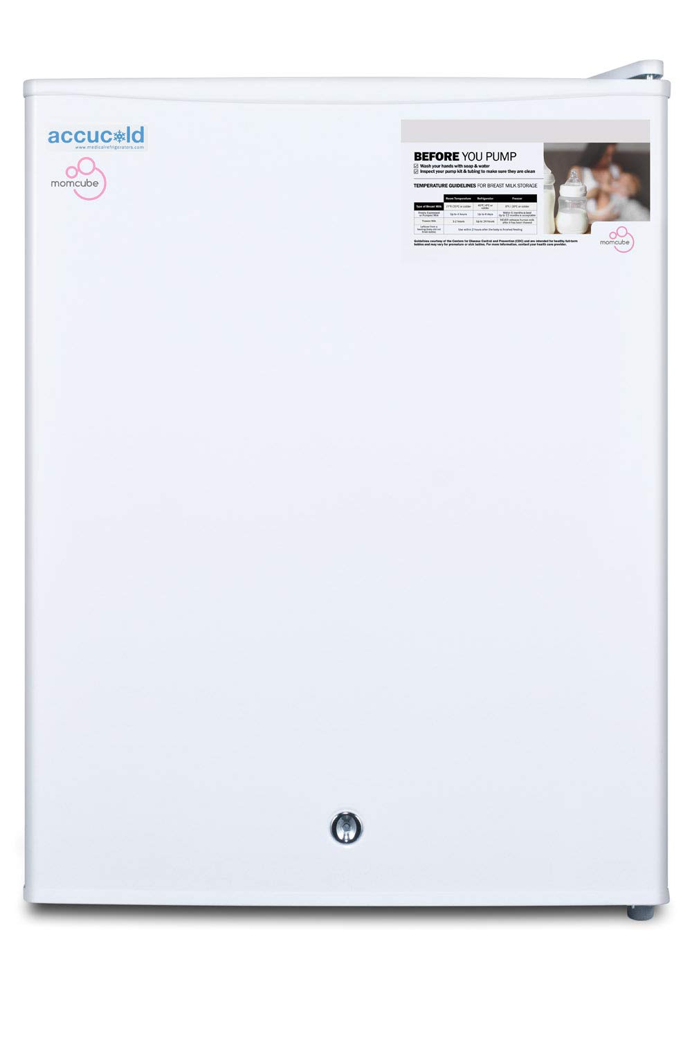 AccuCold FSLMC 19 MOMCUBE Countertop Breast Milk Freezer with 1.8 cu. ft. Capacity Manual Defrost Factory Installed Lock and Reversible Door in White