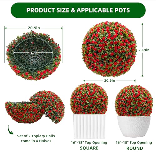 17" Artificial Topiary Balls 2PCS, Flower Topiary Ball Decorative Balls for Outdoor Patio Garden and Indoor, Wedding Decoration, Red