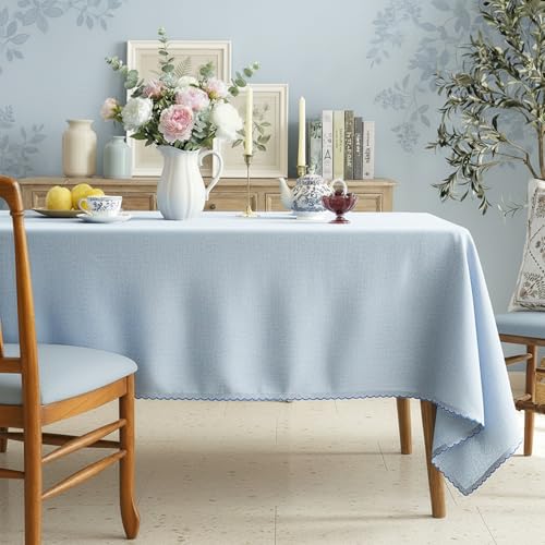 Image of Embroidered Edge Trim Tablecloth - (100% Cotton) 8 Seater Rectangle Tabelcloth- Sky Blue