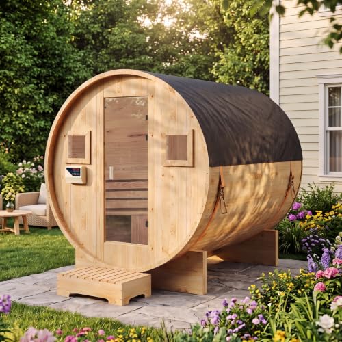 Breezestival Outdoor Barrel Sauna 4-6 Person Tradition Wood DrySteam Sauna with Sauna Stone 220V/6KW Electric Heater with Sauna Stone Sauna Accessories Waterproof Tarpaulin