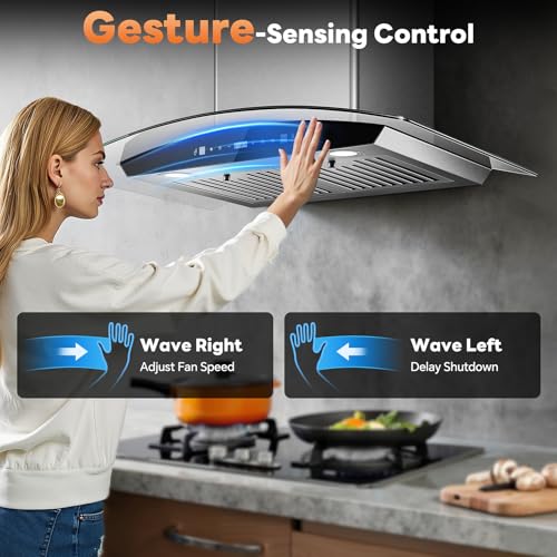 Image of Range Hood 30 Inch, Tieasy Wall Mount Kitchen Hood with Ducted /Ductless Convertible Duct, Stainless Steel Chimney and Baffle Filters, Touch Control Fan Timer, LED Lights, 3 Speed Fan