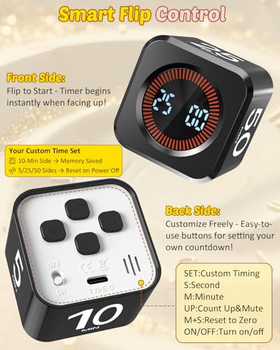 Image of Digital Pomodoro Timer Cube 5 /10 /25 /50min, Visual Productivity Flip Timer for Kids Classroom Desk, Custom Countdown, Silent and Sound Mode for ADHD Study Work Game Kitchen (Black)