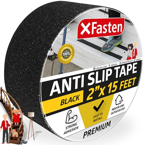 XFasten Anti Slip Grip Tape for Stairs, Black 2-Inches x 15-Foot Stair Grips Non Slip, Anti Skid Tape for Steps Outdoor Waterproof, Stair Tread Tape