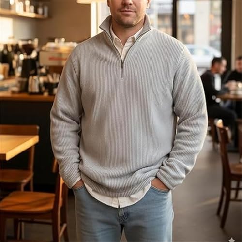 Men's Stylish Quarter-Zip Corduroy Ribbed Polo Sweatshirt, Mock Neck Knit Long Sleeve Sweater 5