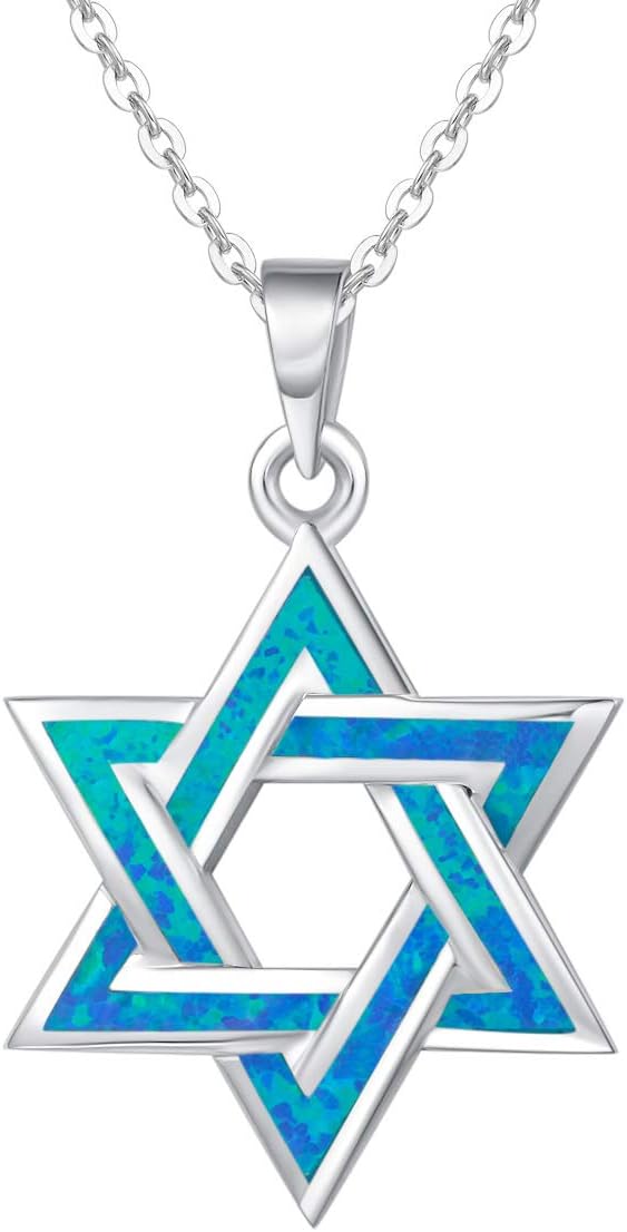 Hanukkah Sterling Silver Created Blue Opal Star Necklace/Dangle Earrings/Bracelet Charm Danity October Birthstone Fine Jewelry for Women