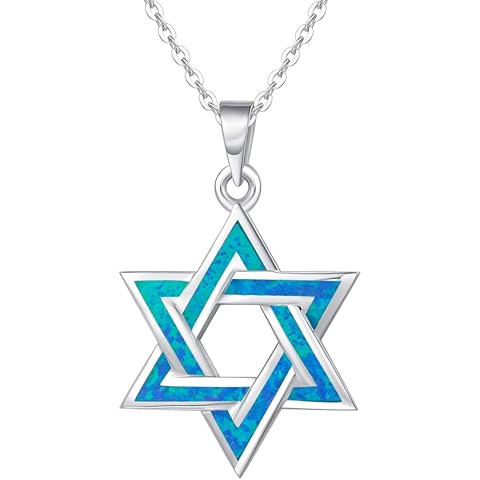 FANCIME Hanukkah Sterling Silver Created Blue Opal Star Necklace/Dangle Earrings/Bracelet Charm Danity October Birthstone Fine Jewelry for Women