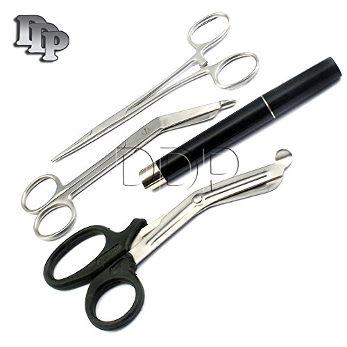DDP BLACK EMT/ PARAMEDIC TOOLS WITH MEDIC BANDAGE SCISSORS AND SHEARS INCLUDING LISTER SCISSORS, HEMOSTAT CLAMP AND PENLIGHT IDEAL GIFT FOR PARAMEDICS, EMT, FIREFIGHTER, POLICE AND NURSE