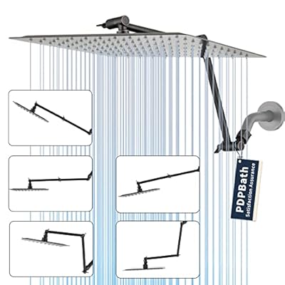 PDPBath 12" Rain Shower Head with 16" Upgrade Flexible Extension Arm, 304 Stainless Steel High Pressure Rainfall Showerhead, All Metal Square Waterfall Showerhead with Extender - Oil Rubbed Bronze