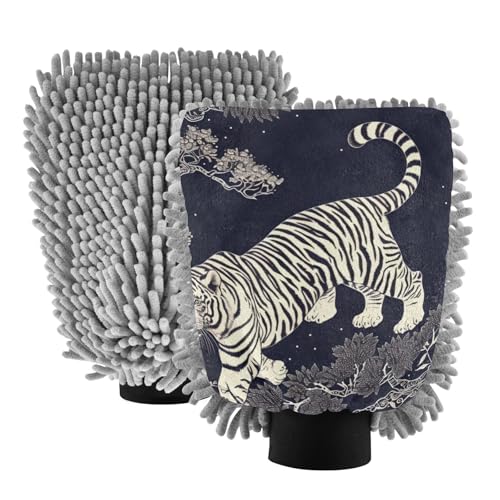 IOACIY Absorbent Microfiber Car Wash Drying Mitts, 2 Pack, Scratch-Free & Lint-Free, Rich Foam, Highly Absorbent, Double Sided, Wash Mitt Perfect for Car Washing, L, Tiger (3)
