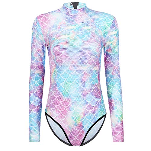 TiaoBug Einteiler Damen Wetlook Badeanzug Langarm Body Tops sexy Jumpsuit Overalls Meerjungfrau Bademode Fisch Schuppen Print Reizwäsche Silber Bunt L-XL Cover