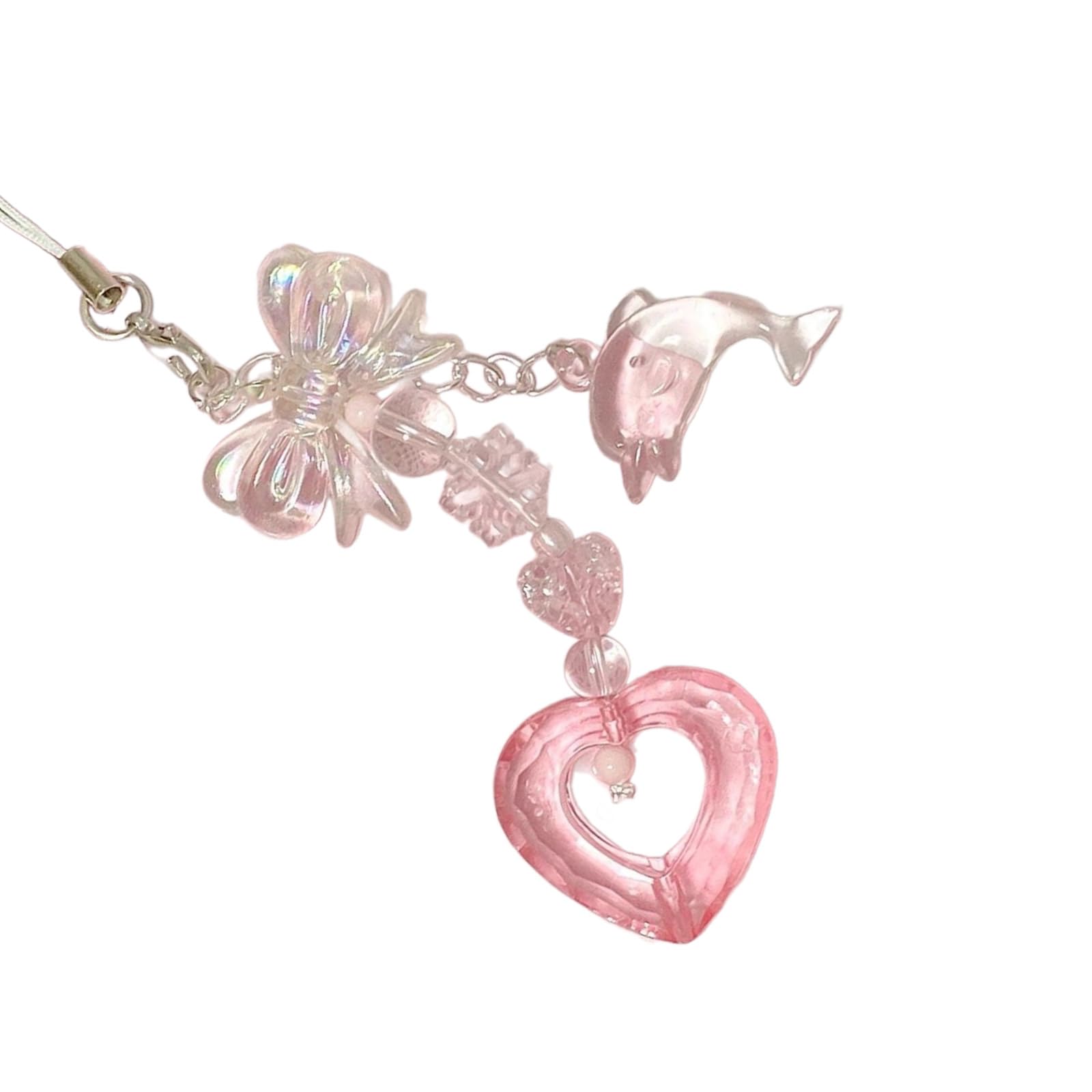 PURPLELILY Heart Bowknot Dolphin Pendant Phone Charm Hangings Rope Sweet Phone Chain Strap Bag Decoration Keychain Accessory, as shown, Acrylic, pink