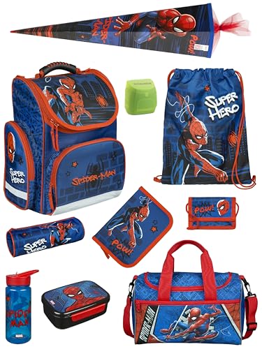 Familando - Schulranzen Set CLOU - 10-teilig mit Schultüte - Marvel Spiderman - Ergonomisch stabil & mit gepolstertem Rücken - 930g leicht - 15L Volumen - Mit Reflektoren - ab 1. Klasse