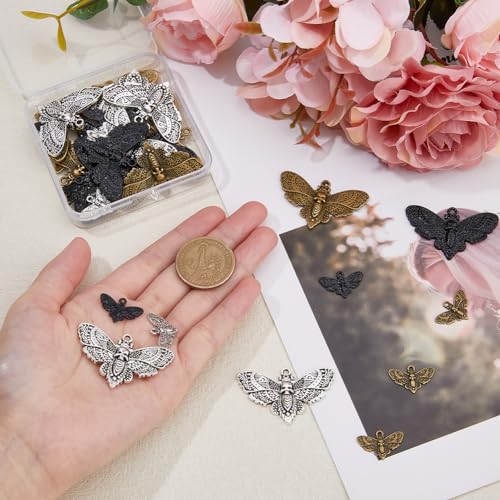 SUPERFINDINGS 36Pcs 3 Colors Moth Gothic Pendants 3 Sizes Black Silver Insect Charm Moth with Skull Head Animal Charms for Party DIY Jewelry Necklace Bracelet - Image 3