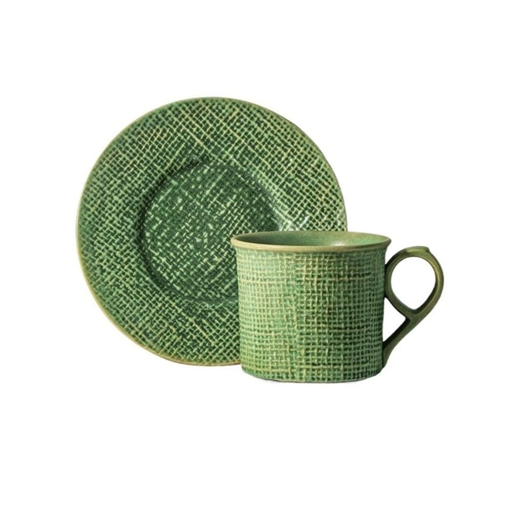 Vintage Design Ceramiczny kubek do kawy ze spodkiem, zestaw kubków do cappuccino baristy latte art (zielony)