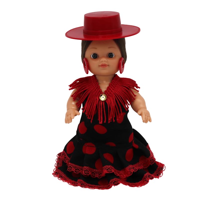 Folk Artesanía Muñeca colección Regional 15 cm. Vestido típico andaluza Flamenca Sombrero cordobés cordobesa, Fabricada en España Muñecas (Negro Lunar Rojo)