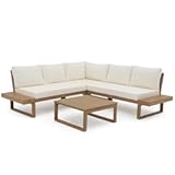 Soleil Jardin 4 Piece Acacia Wood Patio Furniture L-Shaped Outdoor Sectional Sofa Set with Coffee Table, FSC Certified Conversation Set with Built-in Side Table and Cream White Cushions for Garden