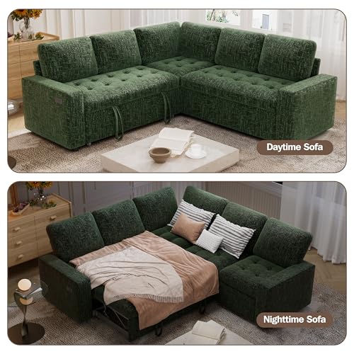 Image of Vipbear 85 Inch Modular Sectional Sofa with Pull Out Bed, Chenille L Shaped 5 Seat Sectional Sofa with USB Ports /Reclining Backrest /Storage Seats, Tool-Free Assembly, Couches for Living Room Green