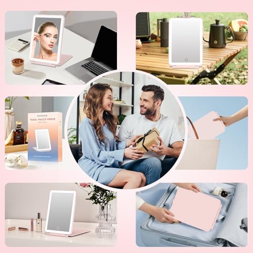 Image of FUNTOUCH Rechargeable Travel Makeup Mirror with 72 Led Lights, Portable Lighted Makeup Mirror, 3 Color Lighting, Dimmable Touch Screen, Type C, Tabletop LED Folding Cosmetic Vanity Mirror (Pink)