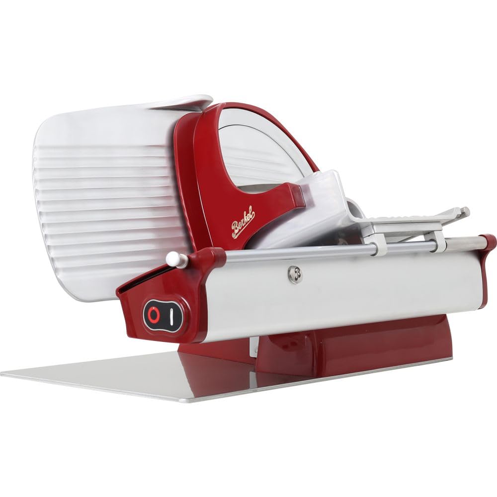 Berkel Affettatrice Home Line 250 in rosso – Affettatrice Premium con tagliere fatto a mano + tagliacoltelli + inserto abrasivo + pinza da affettare