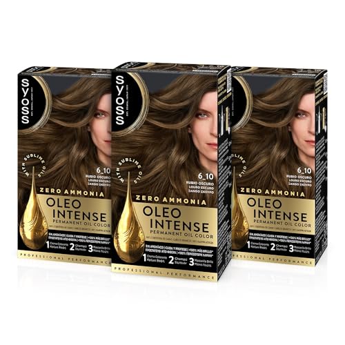 Syoss Oleo Intense - Tinte 6-10 Rubio Oscuro – Coloración permanente Sin Amoníaco – Cobertura profesional de canas – Resultados de peluquería (Pack De 3)