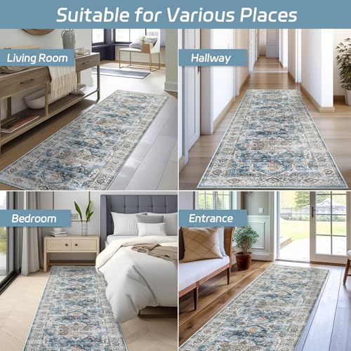 Madane Hallway Runner Rug 2'6''x10' Kitchen Runner, Non Slip Vintage Runners for Hallways Washable Kitchen Rugs Soft Low Pile 2.5x10 ft Rug Runner for Laundry Room, Entryway and Bedroom, Navy