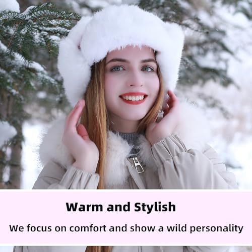 Image of Winter Trapper Hat for Men Women Warm Soft Russian Ushanka Hat Real Rabbit Fur Aviator Bomber Hats Winter Hats with Ear Flaps