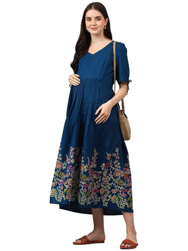 GenericNegen Rayon Maternity Dresses for Women with Feeding Zip - Floral Nursing Pre and Post Pregnancy Wear - Breastfeeding Maternity Gown Kurti for Pregnant Women