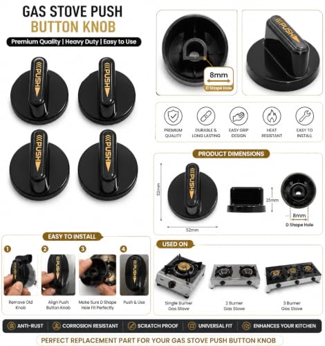 Image of Universal fit Knob for Gas Stove Replacement Parts | Long Lasting, Smooth Operation, Premium PVC On-Off Push Type 8 MM Spindle Black Knob for All Sleek Slim Modal Gas Stove (P3, Pack of 2)