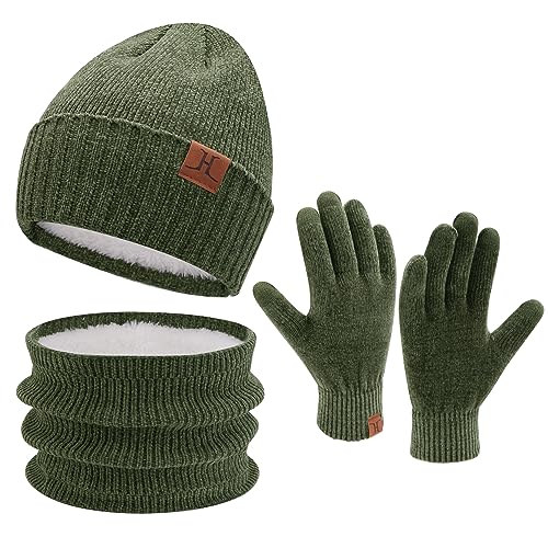 ZASFOU Damen Herren Winter Mütze Schal Touchscreen Handschuhe Set Thermo Chenille Beanie Wintermütze Loop Schal Schlauchschal Winterhandschuhe Geschenk für Männer Frauen